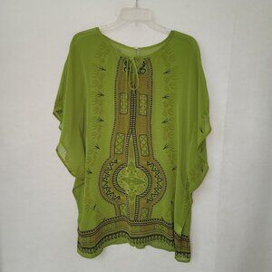 Monoreno Top Womens L Green Sheer Navajo‎ Print Tunic Cover Up Angel Sleeve New